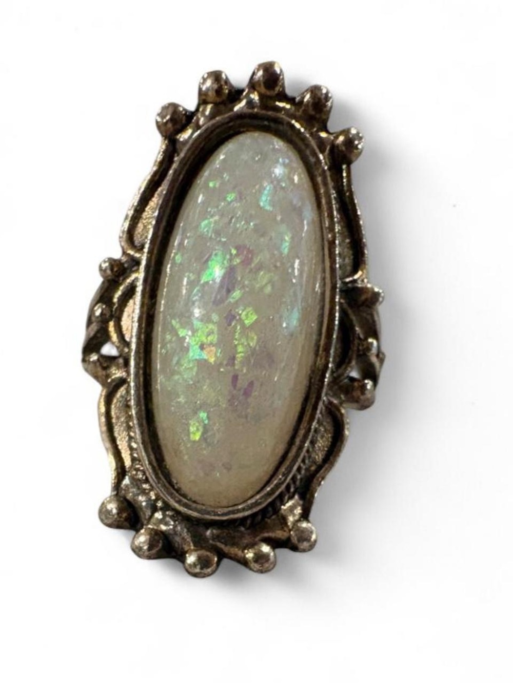 Vintage-Inspired Silver-Tone Statement Ring + Opal Cabochon